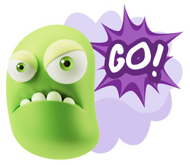 3d Illustration Angry Face Emoticon saying Go with Colorful Spee