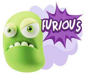 3d Illustration Angry Face Emoticon saying Furious with Colorful