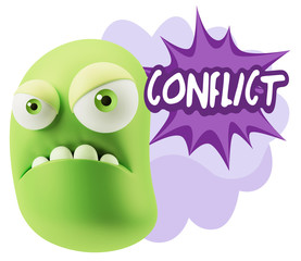 3d Illustration Angry Face Emoticon saying Conflict with Colorfu