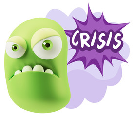 3d Illustration Angry Face Emoticon saying Crisis with Colorful