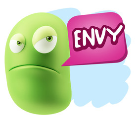 3d Illustration Angry Face Emoticon saying Envy with Colorful Sp