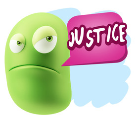 3d Illustration Angry Face Emoticon saying Justice with Colorful