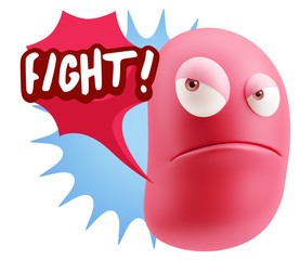 3d Illustration Angry Face Emoticon saying Fight with Colorful S