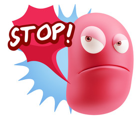 3d Illustration Angry Face Emoticon saying Stop with Colorful Sp