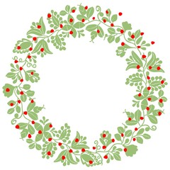 Fototapeta premium Green and red christmas vector wreath isolated on white background