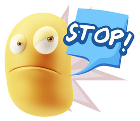 3d Illustration Angry Face Emoticon saying Stop with Colorful Sp