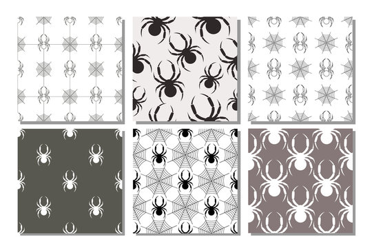 Set of seamless vector patterns with insects, different backgrounds with spiders.Graphic illustration. Series of sets of vector seamless patterns.