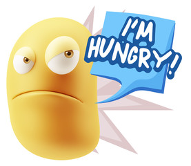 3d Illustration Angry Face Emoticon saying I'm Hungry with Color