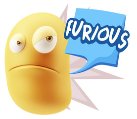 3d Illustration Angry Face Emoticon saying Furious with Colorful