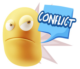 3d Illustration Angry Face Emoticon saying Conflict with Colorfu