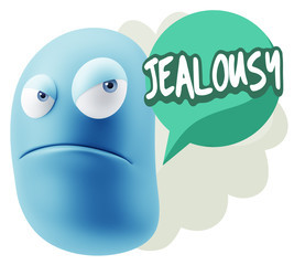 3d Illustration Angry Face Emoticon saying Jealousy with Colorfu