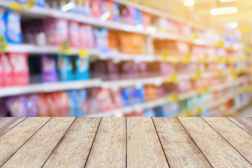detergent shelves in supermarket or grocery store blurred backgr