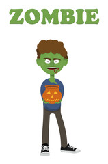 Halloween boy dressed in a zombie costume and standing with  pot of sweets.