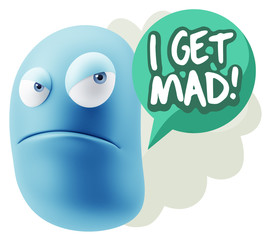 3d Illustration Angry Face Emoticon saying I Get Mad with Colorf