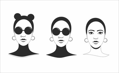 Modern, cool, stylish women face, head vectors with eyeglasses and headwear 