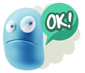 3d Illustration Angry Face Emoticon saying OK with Colorful Spee