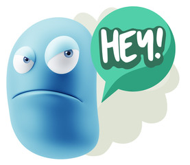 3d Illustration Angry Face Emoticon saying Hey with Colorful Spe