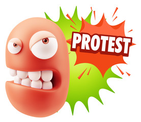 3d Illustration Angry Face Emoticon saying Protest with Colorful