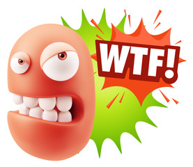 3d Illustration Angry Face Emoticon saying WTF with Colorful Spe