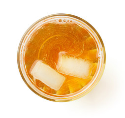 glass of fresh apple juice isolated on white, from above