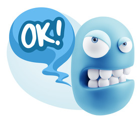 3d Illustration Angry Face Emoticon saying OK with Colorful Spee