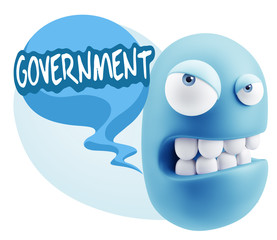 3d Illustration Angry Face Emoticon saying Government with Color