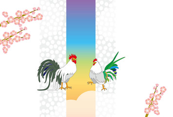 にわとりと梅の花のイラストepsベクター素材　ハガキサイズの年賀状テンプレート
