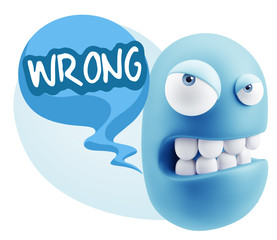 3d Illustration Angry Face Emoticon saying Wrong with Colorful S