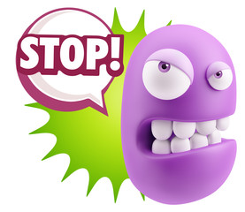 3d Illustration Angry Face Emoticon saying Stop with Colorful Sp