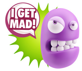 3d Illustration Angry Face Emoticon saying I Get Mad with Colorf