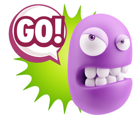 3d Illustration Angry Face Emoticon saying Go with Colorful Spee