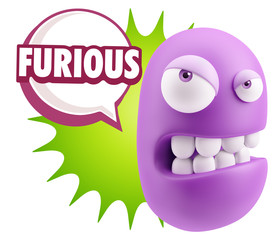 3d Illustration Angry Face Emoticon saying Furious with Colorful