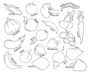 Set of linear icons. Vegetables and fruits in a flat style. Vector illustration.