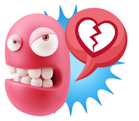 3d Illustration Angry Face Emoticon saying Heart Broken Icon wit
