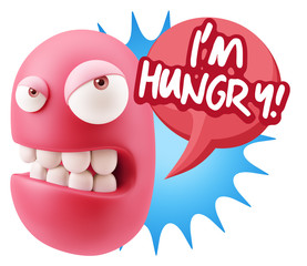 3d Illustration Angry Face Emoticon saying I'm Hungry with Color