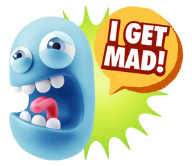3d Illustration Angry Face Emoticon saying I Get Mad with Colorf