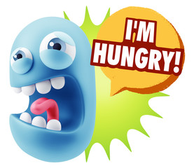 3d Illustration Angry Face Emoticon saying I'm Hungry with Color