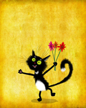 Black Kitten With Yellow Eyes Holding Flowers