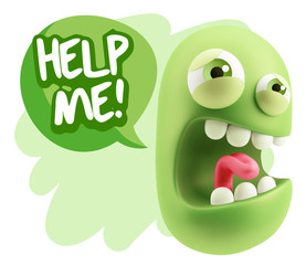 3d Illustration Angry Face Emoticon saying Help me with Colorful