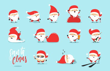 Santa Claus collection of Christmas. Funny cartoon character with different emotions. Santa Claus ready new year.