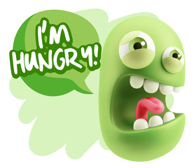 3d Illustration Angry Face Emoticon saying I'm Hungry with Color