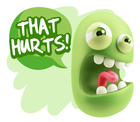 3d Illustration Angry Face Emoticon saying That Hurts with Color