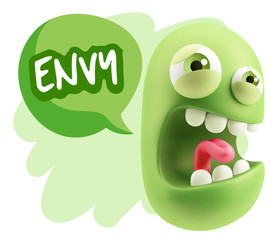 3d Illustration Angry Face Emoticon saying Envy with Colorful Sp