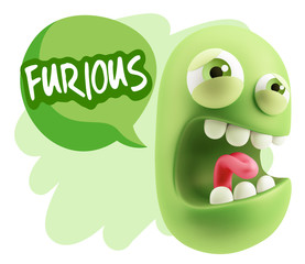 3d Illustration Angry Face Emoticon saying Furious with Colorful