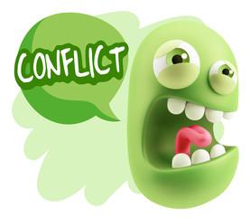 3d Illustration Angry Face Emoticon saying Conflict with Colorfu