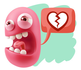 3d Illustration Angry Face Emoticon saying Heart Broken Icon wit