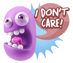 3d Illustration Angry Face Emoticon saying I Don't Care with Col