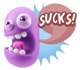 3d Illustration Angry Face Emoticon saying Sucks with Colorful S