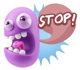 3d Illustration Angry Face Emoticon saying Stop with Colorful Sp