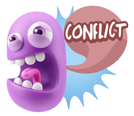 3d Illustration Angry Face Emoticon saying Conflict with Colorfu